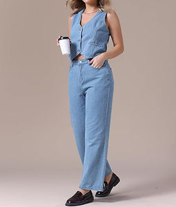 Ensemble décontracté en jean skinny pour femmes, respirant, de haute qualité, ensemble 2 pièces pour l'été, 100% coton, ensemble de haute qualité pour femmes - Product Image 6