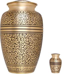 <b>Large</b> Golden Metal Cremation <b>Urn</b> for Adult Human Ashes Modern Elegant Handmade Cylindrical Funeral <b>Urn</b> Floral Design 200 Lbs - Product Image 6