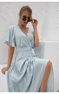 Vestido largo informal de rayón para mujer, vestido largo hasta el tobillo con tinte liso, cuello en V, Media manga, para vacaciones de verano - Product Image 5