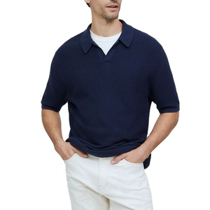 À la mode bleu marine hommes col en V Polo surdimensionné gaufré tricoté plaine décontracté personnalisé marque Logo Golf Polo t-shirt - Product Image 1