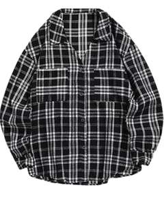 Chemise à carreaux noire et blanche en flanelle pour homme, coton et polyester, manches longues, boutonnée, décontractée, coupe ample, pour la vente en gros - Product Image 1