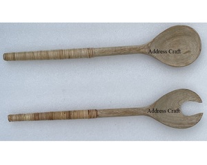 Best Quality Wooden <b>Salad</b> Server Set With Rattan Handle Eco Material Wicker Handle Cutlery <b>Salad</b> <b>Tools</b> Spoon Fork Kitchen <b>Tools</b> - Product Image 3