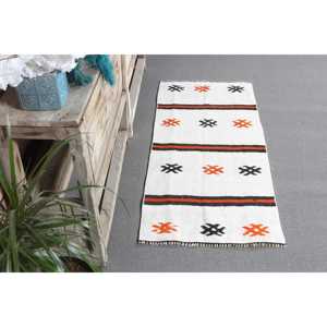 Tapis turc vintage en laine 1,8x4,2 pieds, petit tapis blanc patchwork, tapis Kilim bordé de latex - Product Image 3