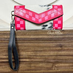 Portefeuille à main en cuir de vachette véritable, grande capacité, design de créateur, motif à carreaux roses, pochette pour femmes, vente en gros 2025 - Product Image 1