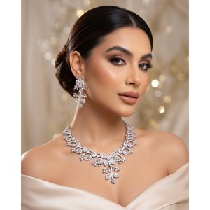 Elegant White <b>Cluster</b> Bridal Jewelry Set with Flower Design Zirconia Stones Imitation Rhodium Plated Black Finish for Wedding - Product Image 2