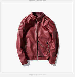 Chaqueta bomber de cuero ajustada para hombre Chaqueta de moto lavable con cuello levantado - Product Image 5