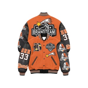 Blouson de basket varsity personnalisé 2026 Brandteam pour homme, en laine et cuir orange, éco-responsable, avec broderie et design patchwork sur le devant - Product Image 1