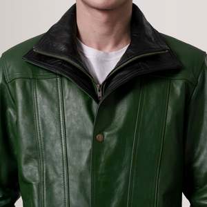 Klen Green Classic Vintage <b>Jacket</b> XS Size Cowhide Leather <b>Sheepskin</b> Zippered Closure Hooded Embroidered Pattern Casual College - Product Image 6