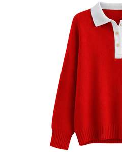 Pull en tricot à col polo rouge pour femmes avec broderie, manches longues, doux, chaud, décontracté, pull d'hiver pour les acheteurs en gros, vente en gros - Product Image 2