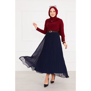 Jupe hijab plissée à six plis bleu marine en mousseline de soie et organza doux - Product Image 1