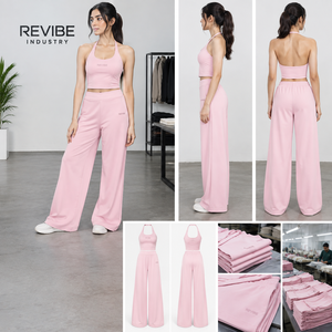 Women Crop Top <b>Wide</b> <b>Leg</b> <b>Pants</b> Two Piece Activewear Set High Waist Yoga <b>Lounge</b> OEM Private Label Wholesale - Product Image 4