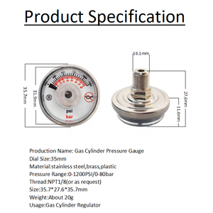 <span class=keywords><strong>1500PSI</strong></span> 103BAR Dial 35 mm NPT 1/8 manômetro de latão niquelado para cilindro de gás - Product Image 5