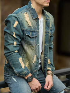 <b>Men's</b> Solid Color Distressed <b>Denim</b> <b>Jacket</b> Front Pocket Button Vintage Long Sleeve <b>Denim</b> <b>Jacket</b> With Full Customization - Product Image 4