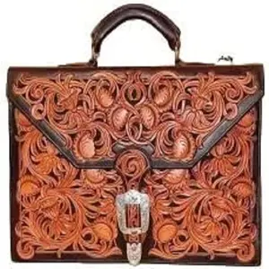 Handmade Antique finish Leather Western Briefcase with Floral Border premium Leather bag fashion gift unisex Ready to Ship stock