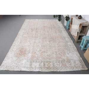 พรมตุรกีขนาด 6.2x10.2 ฟุต พรมวินเทจ พรมขนสัตว์สีขาวลายนามธรรม - Product Image 1