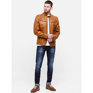 Veste en cuir de mouton véritable à la mode d'hiver pour hommes avec col montant et tissu en toile - Product Image 4