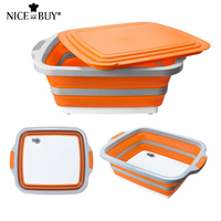 Nicebuy Bac de préparation pliable 16L pour barbecue, avec couvercle planche à découper en PP et TPR, robinet de vidange, plateau de service pour aliments, marinade et grillades, cuisine extérieure