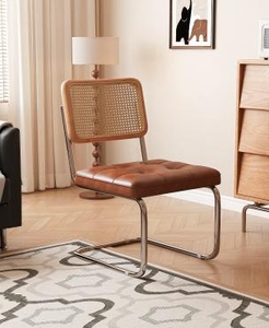 Midcentury Modern <b>Rattan</b> Back Chair With Tufted Leather Seat Metal Legs Living Room Furniture Leisure Chair - Product Image 2