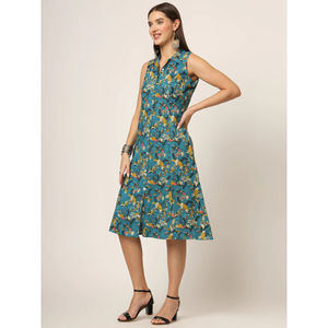 Vestido midi de algodón puro con estampado floral azul, vestido midi línea A, vestido midi con hombros descubiertos, vestido midi entallado - Product Image 3
