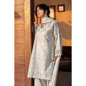 DN-52033 Conjunto de traje de tela de algodón bordado Schiffli de 3 piezas con dupatta de encaje, incluye características de estampado de laca bordado - Product Image 6