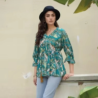 Débardeur en Lin/Coton Style Angrakha Imprimé Tropical Teal Élégant Confortable Doux Respirant Tissu Écologique Style Doux avec Nœud
