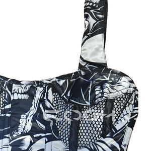 Corset tendance gothique et mode Halloween avec imprimé crâne noir et blanc sublime, empiècements en maille et fente sur les hanches - Product Image 4