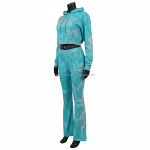 <b>Women</b> Premium Tracksuit 300GSM Soft Plush <b>Teal</b> Color fashion wholesale Rhinestone HeatPress Custom Logo Set Tracksuits Plus size - Product Image 4