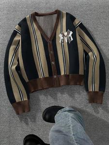 Men's <strong>Black</strong> Brown Argyle Flowers Letter Embroidered V Neck Knit 100% <strong>Wool</strong> <strong>Cardigan</strong> Cropped Casual Autumn Winter Top - Product Image 1