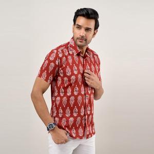 Men's Maroon Floral Striped Casual Shirt 100% Cotton Poplin Breathable Regular Fit Classic Summer ODM Denim Ethnic Shirt XL - Product Image 5