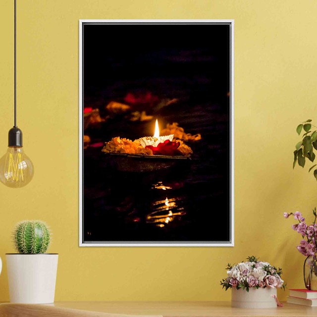 Diwali Canvas Art: Printed Hindu Festival Decor, Tempered Glass Print,WHITE FRAMED CANVAS