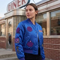Blouson bomber court en satin pour femme, bleu roi, avec patchs en chenille violet, doublure par sublimation, logo personnalisé, OEM, streetwear