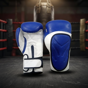 Guantes de Boxeo de Cuero Vacuno Azul y Blanco con Cierre de Velcro para Adultos, Equipo de Entrenamiento de Artes Marciales - Product Image 2