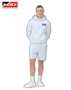 Conjunto de dos piezas de moda para hombre, Sudadera con capucha de gran tamaño con hombros caídos y patrón sólido, pantalones cortos de cintura elástica, estampado personalizado de peso pesado - Product Image 3