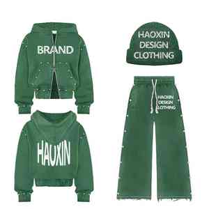 Sweat à capuche personnalisé avec strass pour hommes, ensemble surdimensionné, recadrée, délavé à l'acide, pantalon de survêtement et sweat à capuche vintage avec fermeture éclair pour hommes - Product Image 4