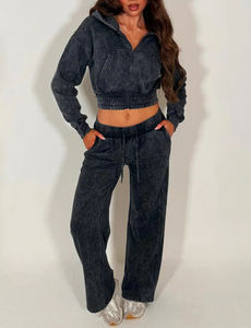 Conjunto Deportivo de Dos Piezas para Mujer, Estilo Lavado Ácido, Sudadera Corta con Cremallera y Pantalones Jogger de Cintura Alta, Venta al Por Mayor Personalizada de Alta Calidad - Product Image 2