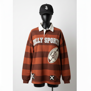 Camiseta de Rugby para Mujer, 240 GSM, Mezcla de Algodón y Poliéster, Diseño de Paneles a Rayas Marrón y Naranja, Logotipo Personalizado Bordado - Product Image 6