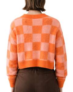 Suéter de Punto Personalizado a Cuadros Naranja para Mujer, Cuello en V, Tejido Suave y Afelpado, Manga Larga, Informal de Invierno, Top Corto de Moda - Product Image 2