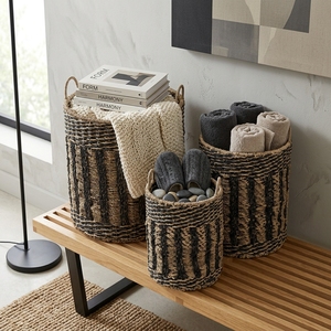 Natural Seagrass Recycled <b>Plastic</b> <b>Basket</b> Set Vertical Rib Stripe Arch Handle Cylinder Pot Planter Pure Art Setup Room Decor Art - Product Image 4