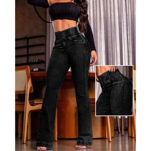 Women's High-Waisted <b>Elasticated</b> Sides Button-Front <b>Jeans</b>, 31782 - Black - Product Image 1