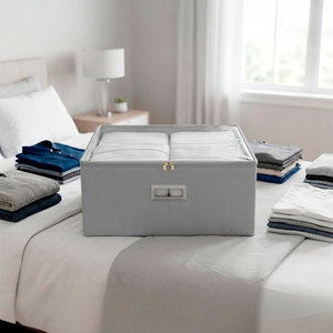 Grey Fabric Storage Box <b>with</b> <b>Lid</b> Foldable Oxford Cloth Organizer <b>Bin</b> Portable Dustproof Household Organizer - Product Image 3