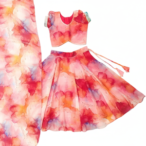 Ensemble Lehenga Choli pour enfants Shoryam Fashion, imprimé marbre rose, style Bollywood, tenue de fête traditionnelle pour filles en bas âge - Product Image 1