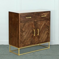 Buffet contemporain moderne de luxe en bois de manguier massif, design parquet, deux portes, deux tiroirs, métal doré, pour salon ou hôtel