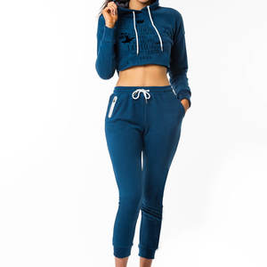 2026 Women's Winter Thick Fleece Cotton Hoodie Set Custom Crop Top Jogger & Stack Sweatpants Solid Pattern Patches Decoration - Product Image 2