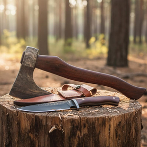 Hache de style viking en acier de Damas, tête en acier à motif artisanal avec manche long en bois naturel pour le camping et le bushcraft - Product Image 4