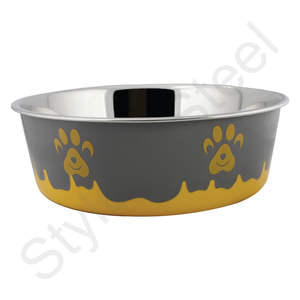 Cuenco antideslizante para mascotas, base de silicona de acero inoxidable, combinación de colores amarillo y gris, antisalpicaduras - Product Image 1