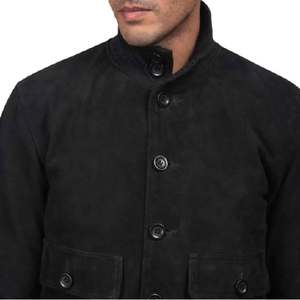 Veste en cuir de mouton noir élégant pour hommes avec col haut fermeture à glissière poignets en tricot côtelé doublure en polyester avec plusieurs poches - Product Image 5