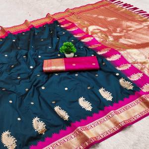 VASTRA COTTAGE Sari de Seda Banarasi Suave con Tejido Zari, Pequeños Motivos, Borde de Pallu con Rico Contraste, Diseño Tradicional - Product Image 1