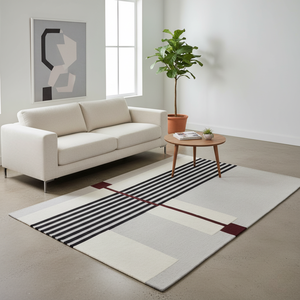 Alfombra de lana con rayas geométricas modernas, alfombra de área de lana hecha a mano, marfil, negra, antideslizante, ecológica, pila mediana para sala de oración de dormitorio - Product Image 1