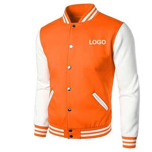 Chaqueta de béisbol de lana a rayas naranjas y blancas con logotipo personalizado High Street Style Letterman Design para hombres Manga de cuero - Product Image 2