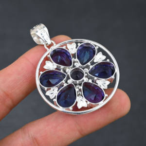 Colgante de piedras preciosas de iolita azul creado en laboratorio hecho a mano 925 plateado diseñador joyería regalo para mujer - Product Image 3